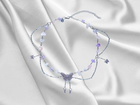 Amethyst rose quartz butterfly necklace